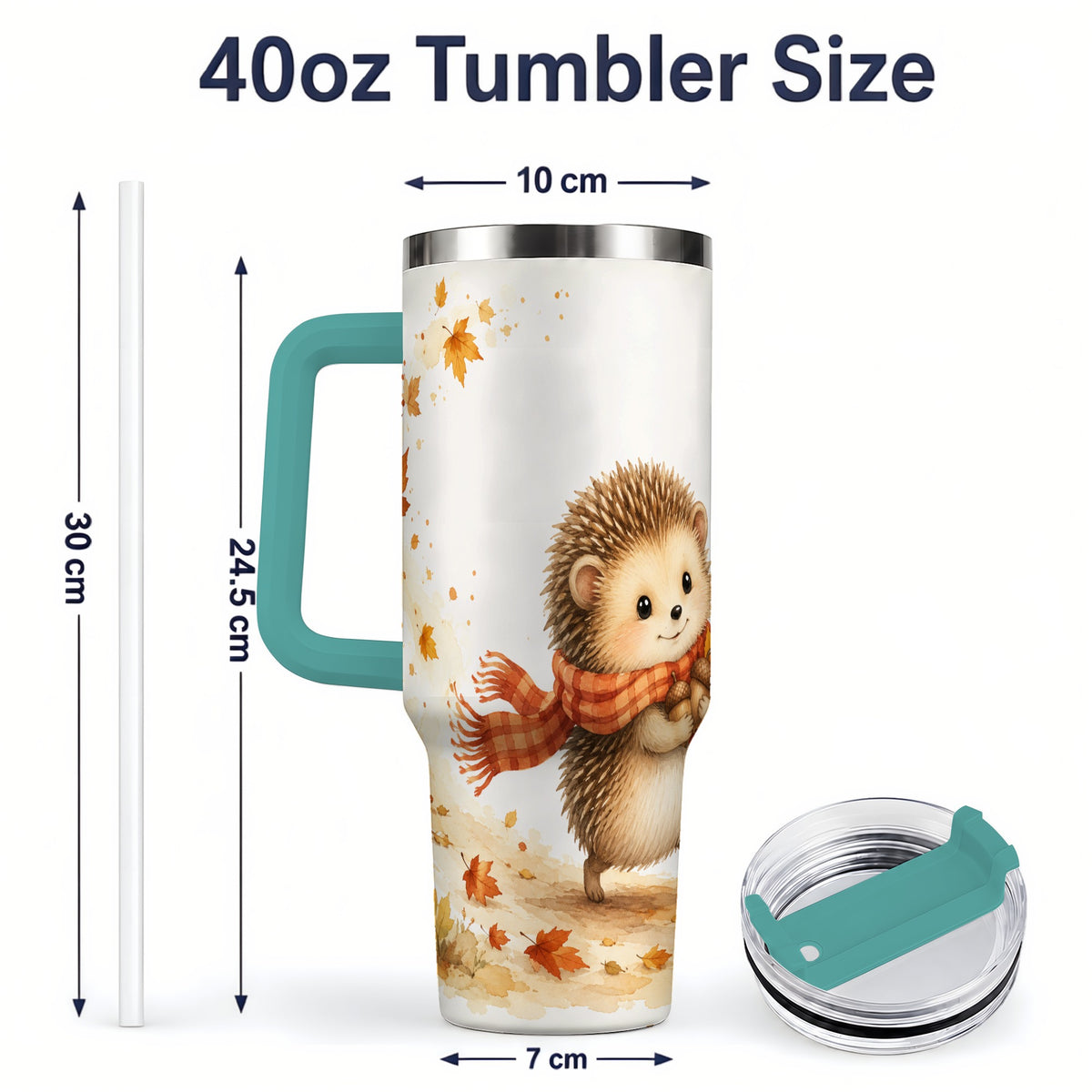 #pl[40oz|Green] Autumn Hedgehog 40oz Tumbler, Watercolor Fall Animal Drinkware Design