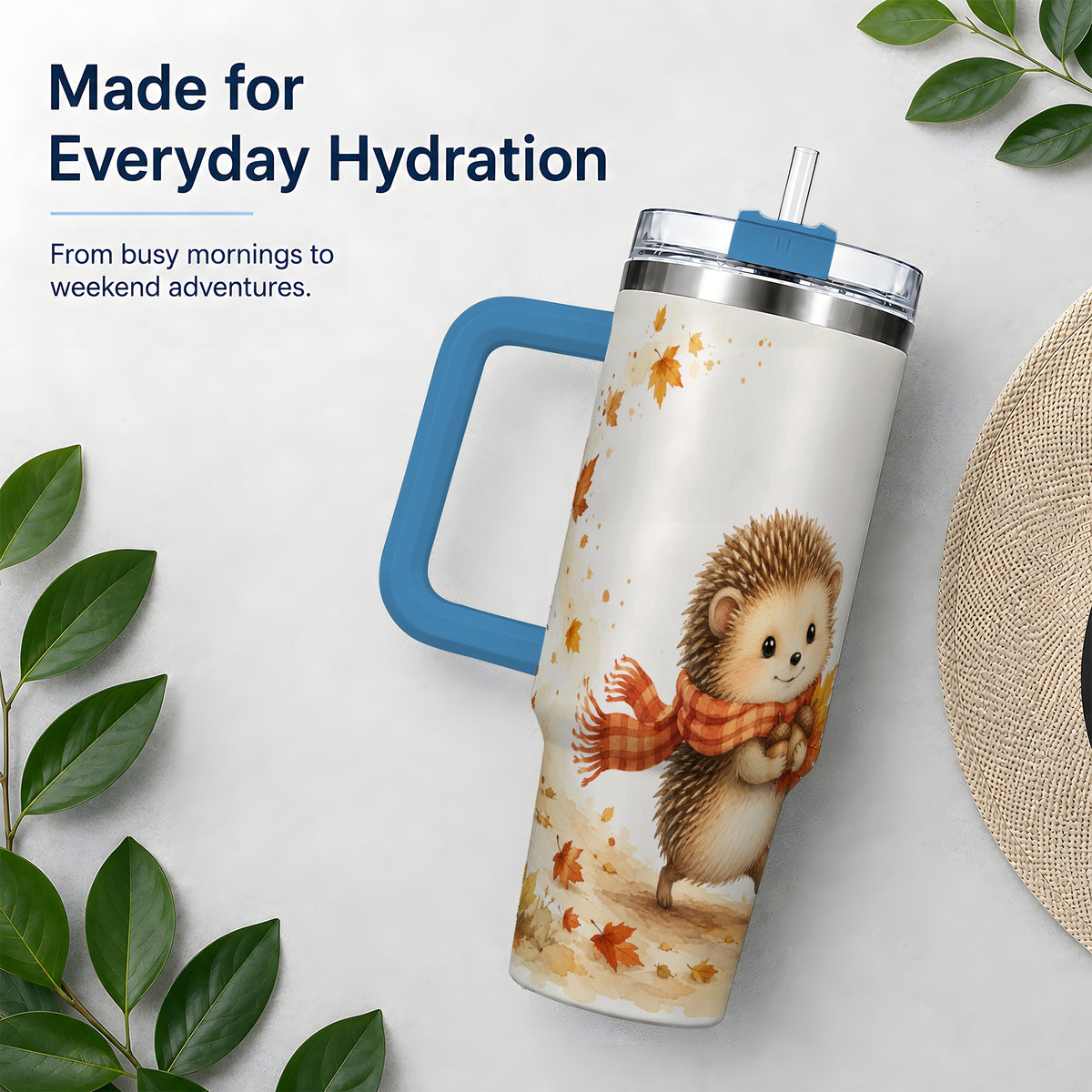 #pl[40oz|Blue] Autumn Hedgehog 40oz Tumbler, Watercolor Fall Animal Drinkware Design