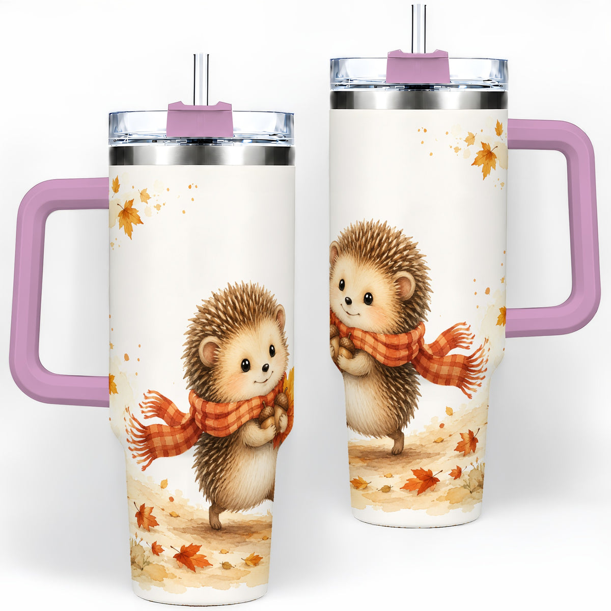 #pl[40oz|Pink] Autumn Hedgehog 40oz Tumbler, Watercolor Fall Animal Drinkware Design
