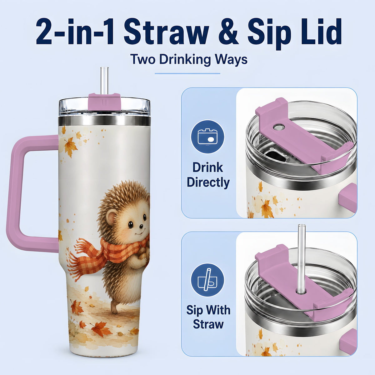 #pl[40oz|Pink] Autumn Hedgehog 40oz Tumbler, Watercolor Fall Animal Drinkware Design