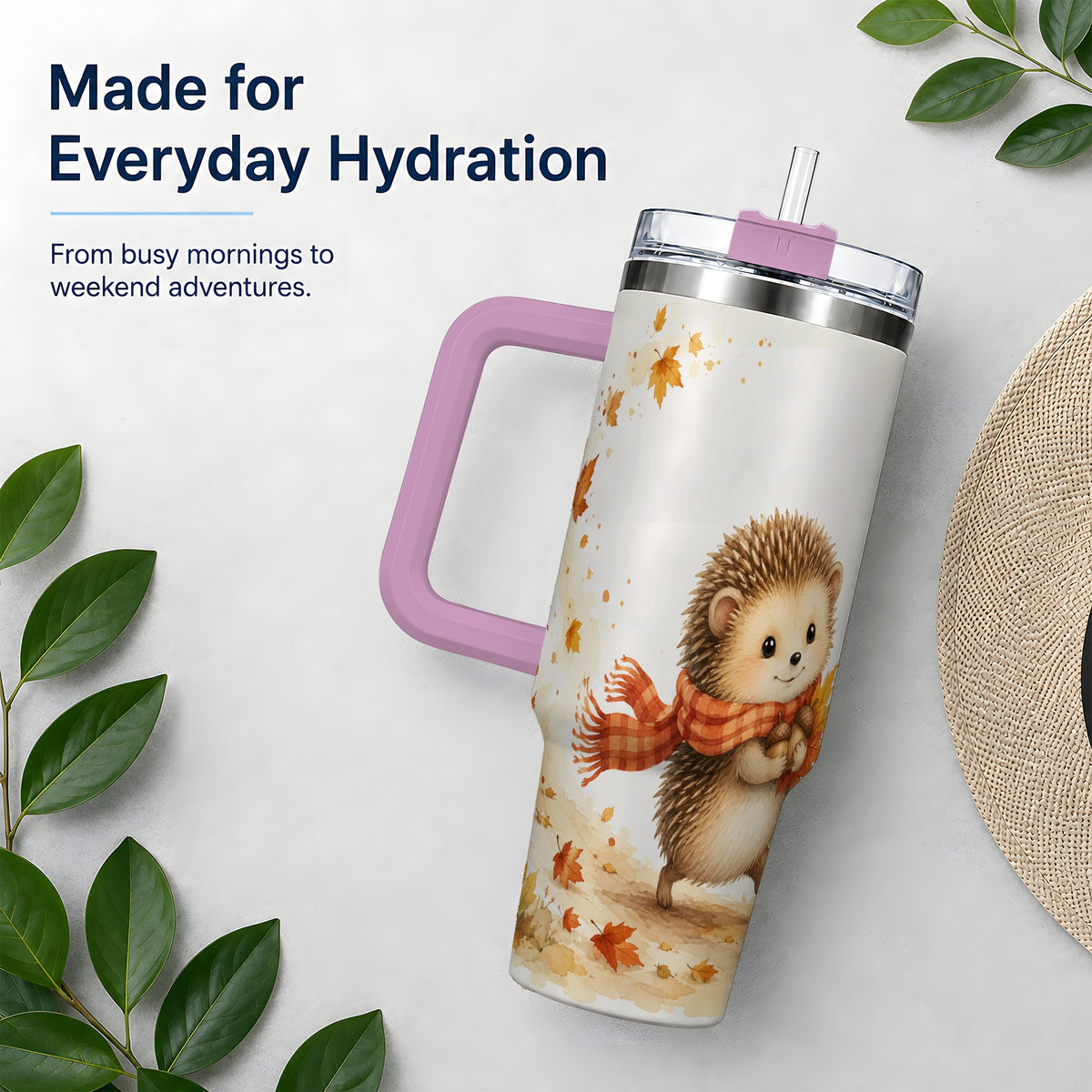 #pl[40oz|Pink] Autumn Hedgehog 40oz Tumbler, Watercolor Fall Animal Drinkware Design