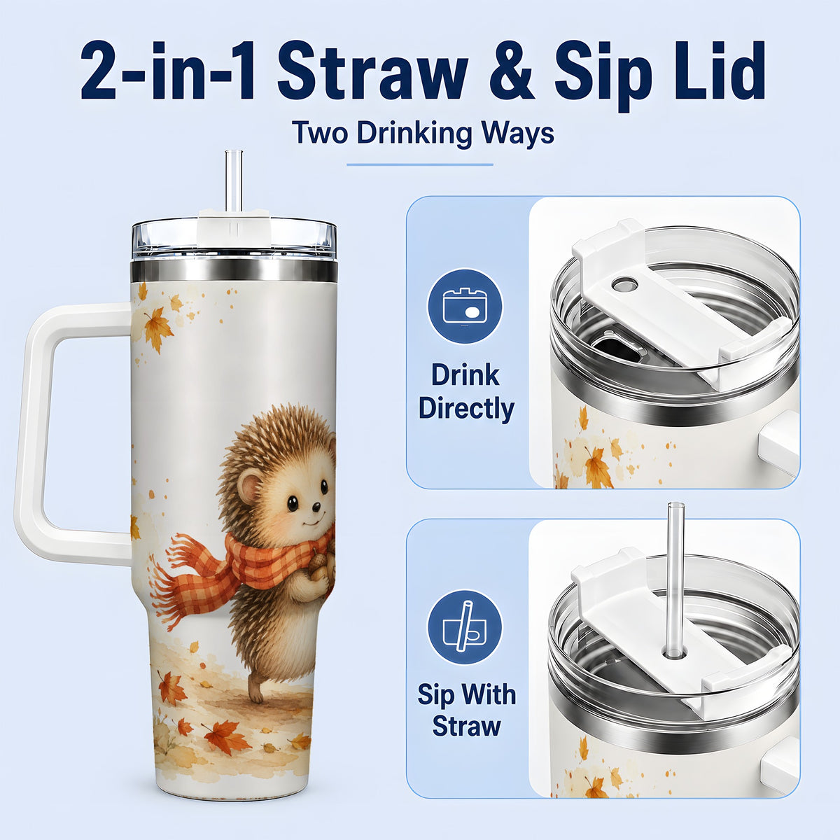 #pl[40oz|White] Autumn Hedgehog 40oz Tumbler, Watercolor Fall Animal Drinkware Design