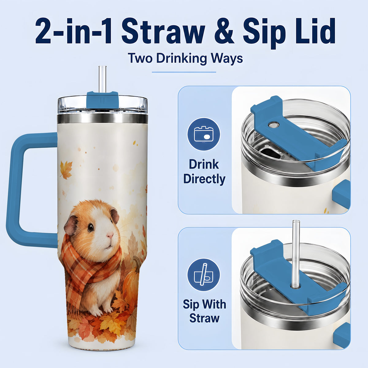 #pl[40oz|Blue] Autumn Guinea Pig 40oz Tumbler, Watercolor Pumpkin Fall Animal Design