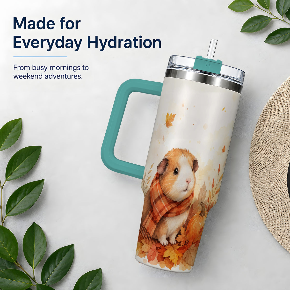 #pl[40oz|Green] Autumn Guinea Pig 40oz Tumbler, Watercolor Pumpkin Fall Animal Design
