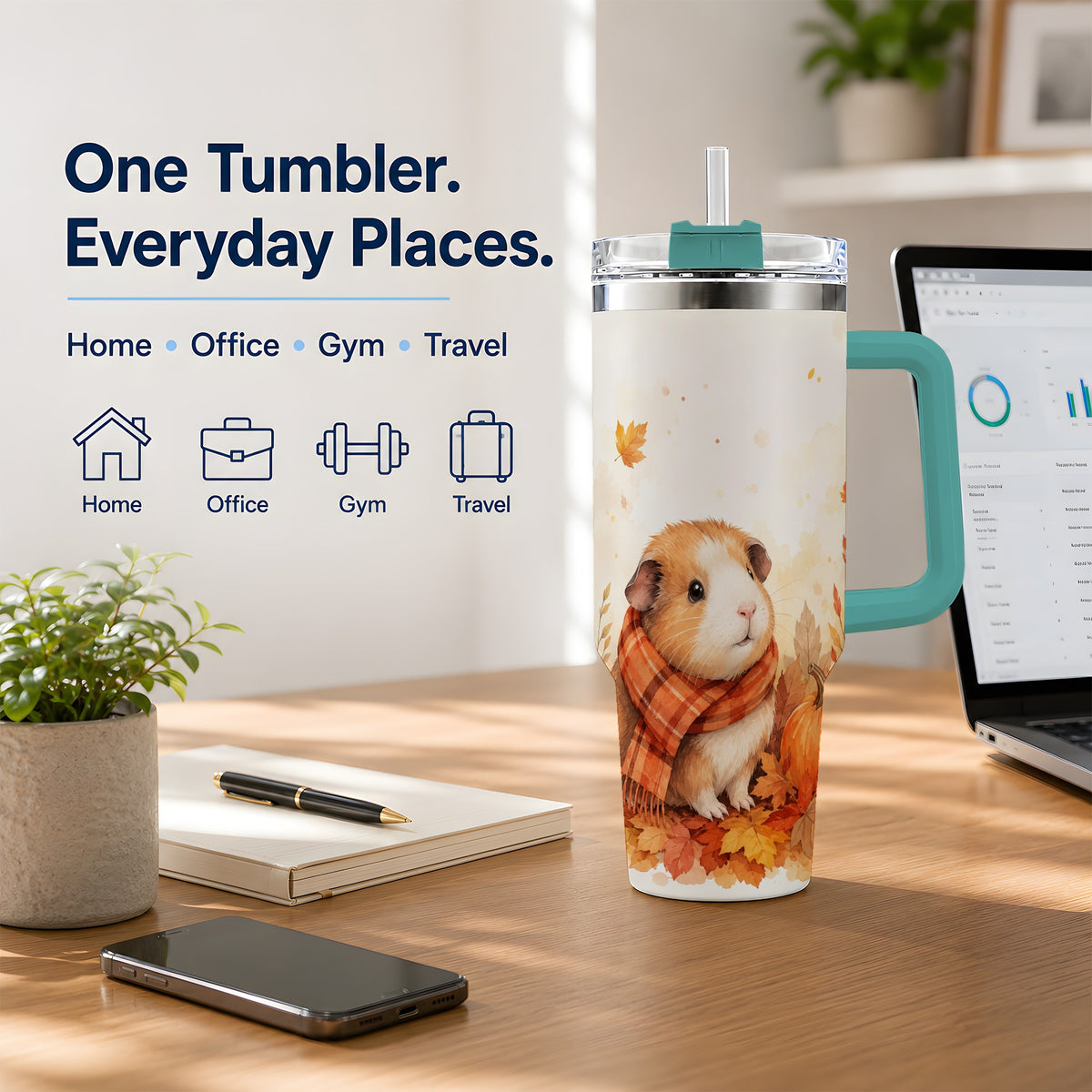 #pl[40oz|Green] Autumn Guinea Pig 40oz Tumbler, Watercolor Pumpkin Fall Animal Design
