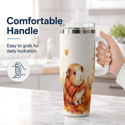 #pl[40oz|White] Autumn Guinea Pig 40oz Tumbler, Watercolor Pumpkin Fall Animal Design