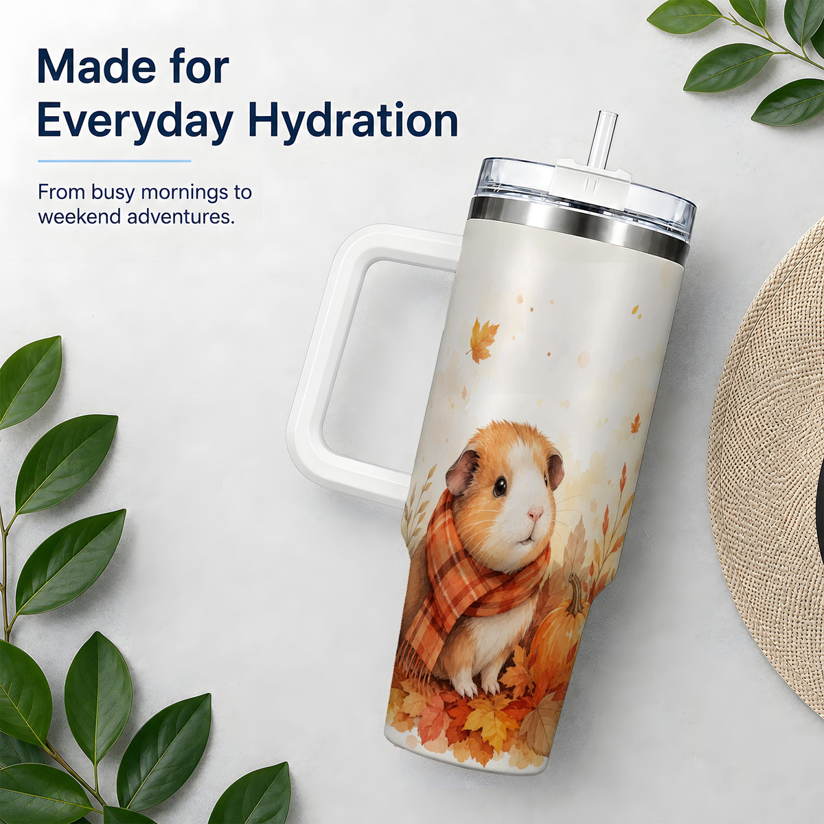 #pl[40oz|White] Autumn Guinea Pig 40oz Tumbler, Watercolor Pumpkin Fall Animal Design
