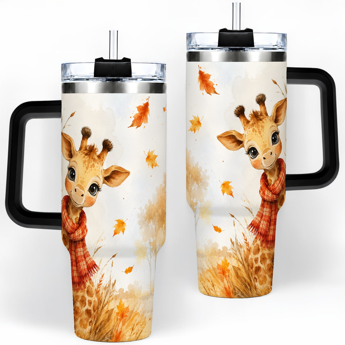 #pl[40oz|Black] Autumn Giraffe 40oz Tumbler, Watercolor Fall Animal Drinkware Design
