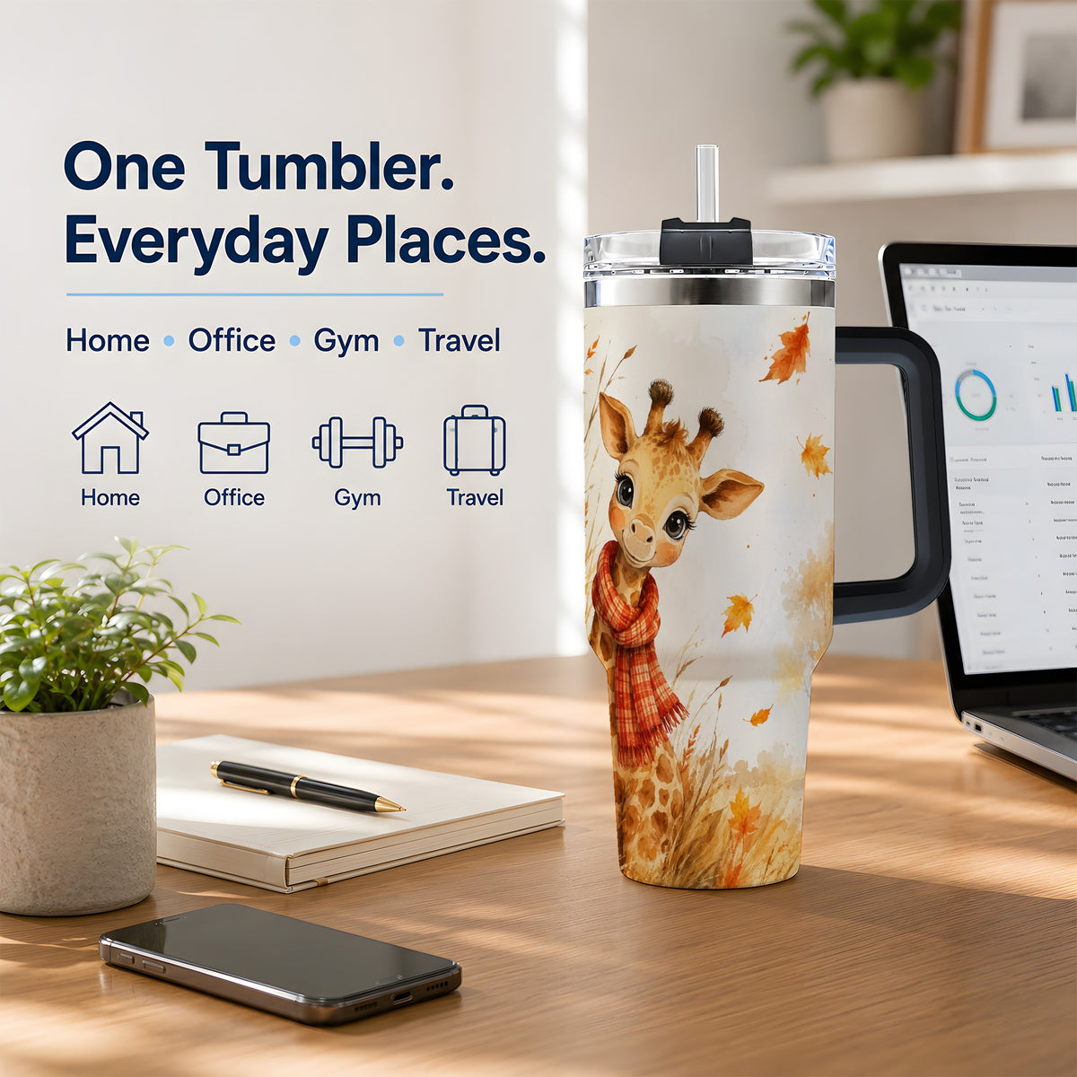 #pl[40oz|Black] Autumn Giraffe 40oz Tumbler, Watercolor Fall Animal Drinkware Design