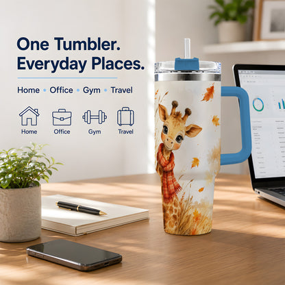#pl[40oz|Blue] Autumn Giraffe 40oz Tumbler, Watercolor Fall Animal Drinkware Design