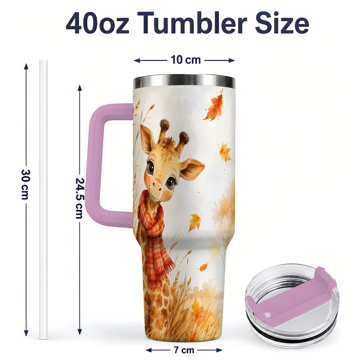 #pl[40oz|Pink] Autumn Giraffe 40oz Tumbler, Watercolor Fall Animal Drinkware Design