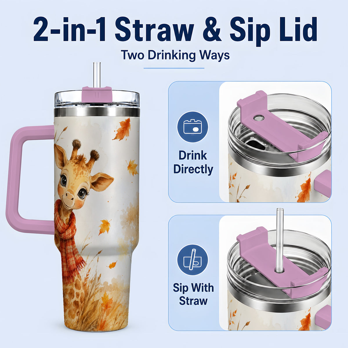 #pl[40oz|Pink] Autumn Giraffe 40oz Tumbler, Watercolor Fall Animal Drinkware Design