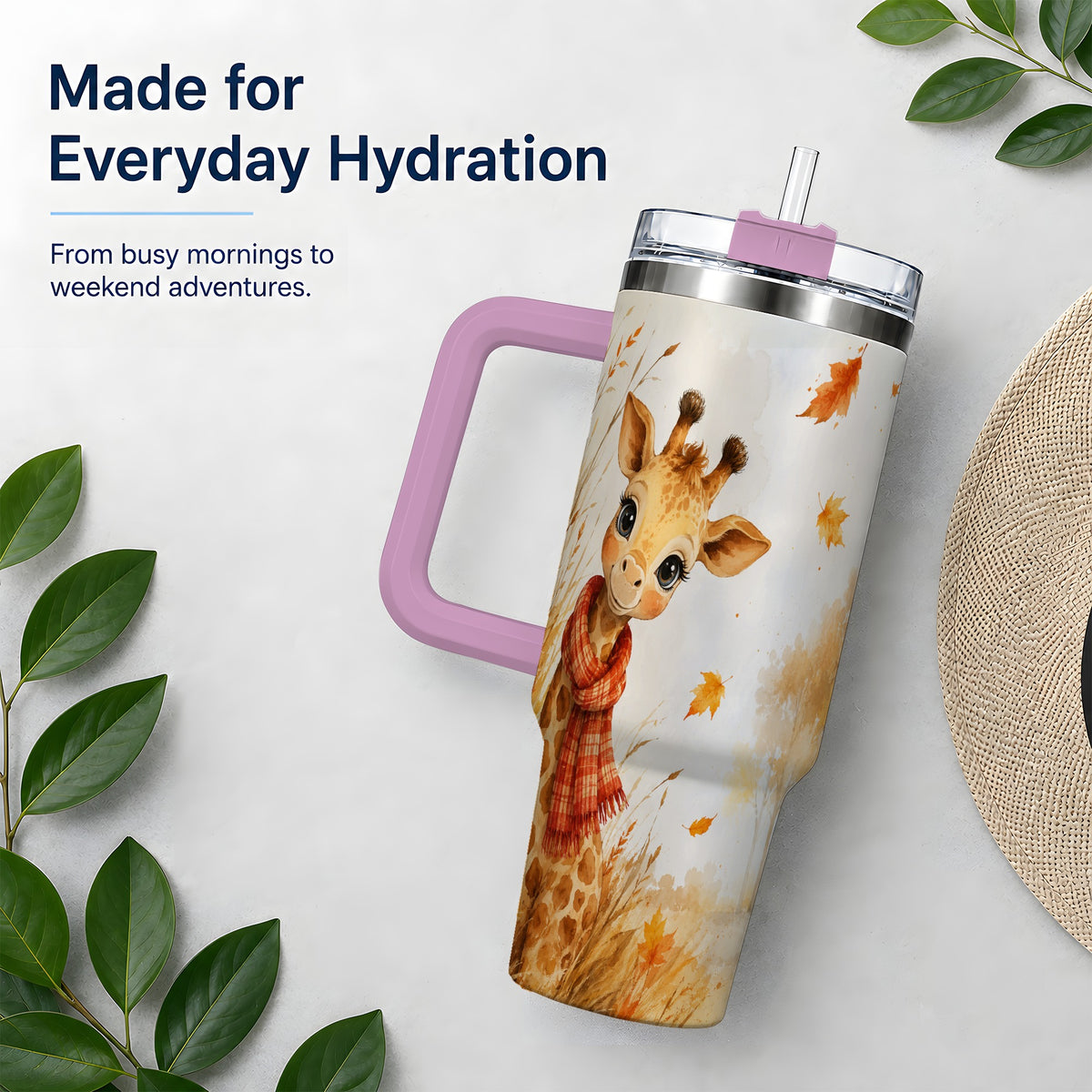#pl[40oz|Pink] Autumn Giraffe 40oz Tumbler, Watercolor Fall Animal Drinkware Design