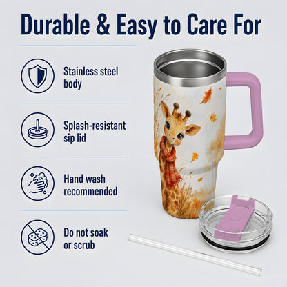 #pl[40oz|Pink] Autumn Giraffe 40oz Tumbler, Watercolor Fall Animal Drinkware Design