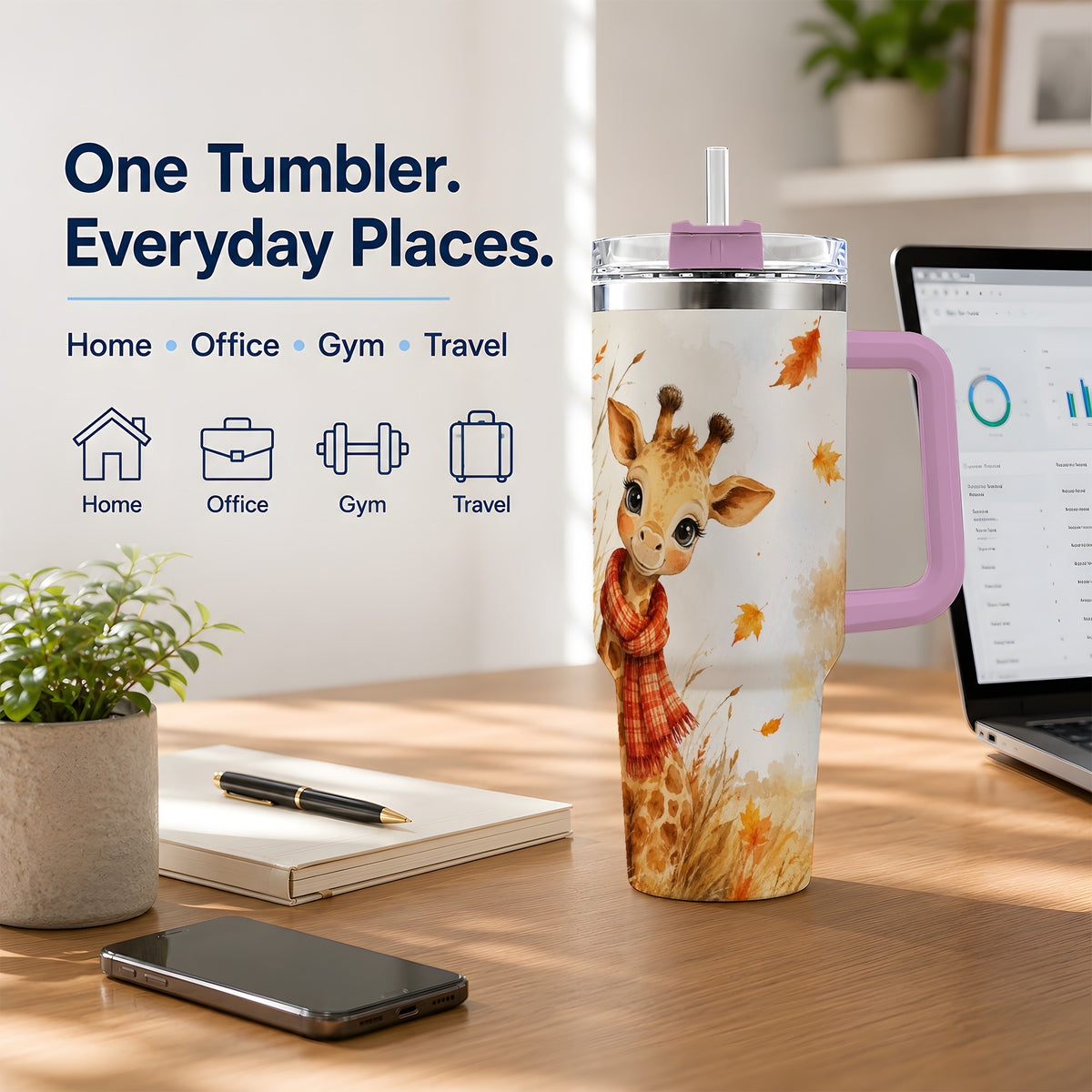 #pl[40oz|Pink] Autumn Giraffe 40oz Tumbler, Watercolor Fall Animal Drinkware Design