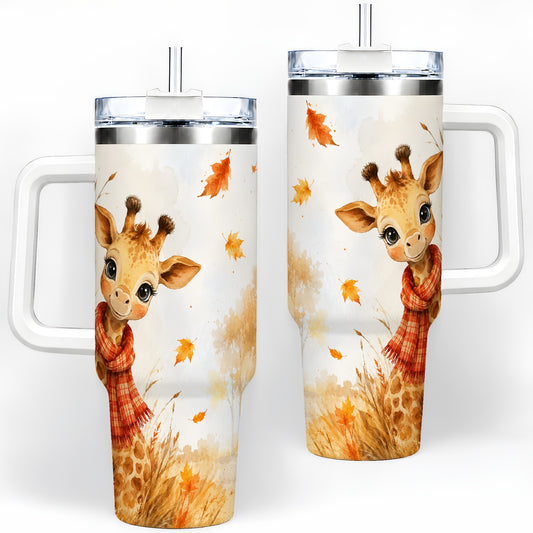 Autumn Giraffe 40oz Tumbler, Watercolor Fall Animal Drinkware Design