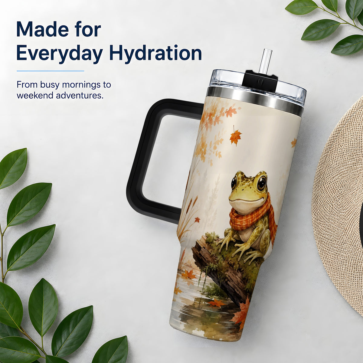 #pl[40oz|Black] Autumn Frog 40oz Tumbler, Watercolor Woodland Pond Animal Drinkware