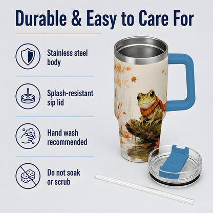 #pl[40oz|Blue] Autumn Frog 40oz Tumbler, Watercolor Woodland Pond Animal Drinkware