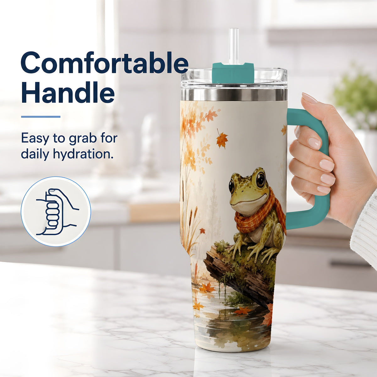 #pl[40oz|Green] Autumn Frog 40oz Tumbler, Watercolor Woodland Pond Animal Drinkware