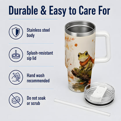 #pl[40oz|White] Autumn Frog 40oz Tumbler, Watercolor Woodland Pond Animal Drinkware
