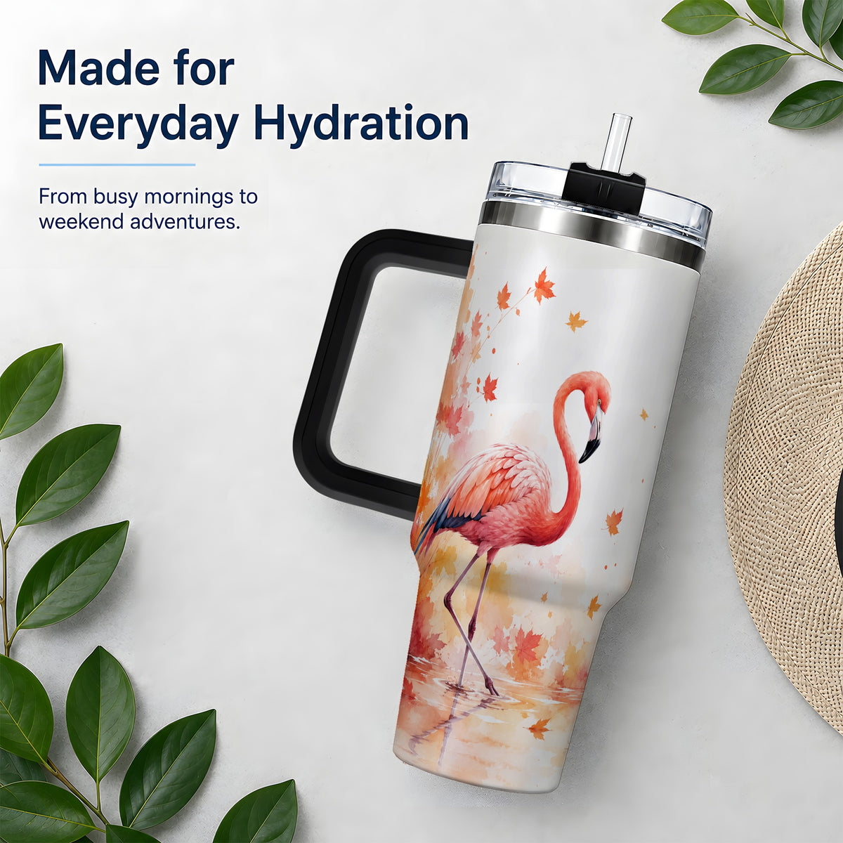 #pl[40oz|Black] Autumn Flamingo 40oz Tumbler, Watercolor Fall Bird Drinkware Design