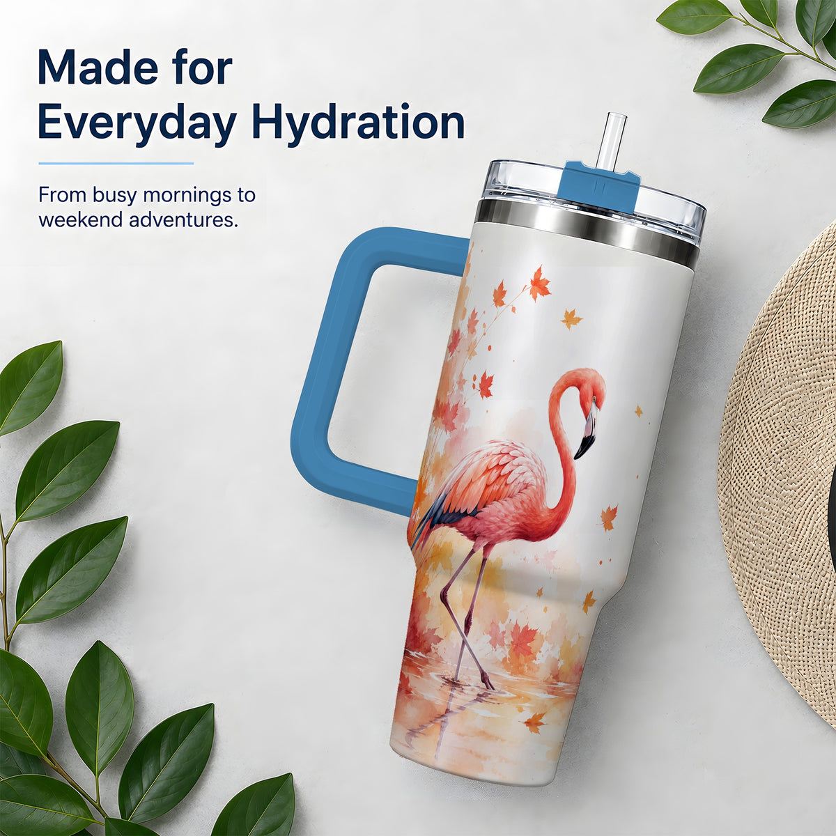 #pl[40oz|Blue] Autumn Flamingo 40oz Tumbler, Watercolor Fall Bird Drinkware Design