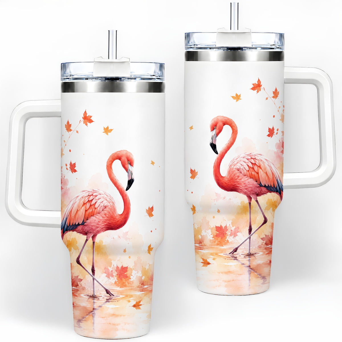 Autumn Flamingo 40oz Tumbler, Watercolor Fall Bird Drinkware Design