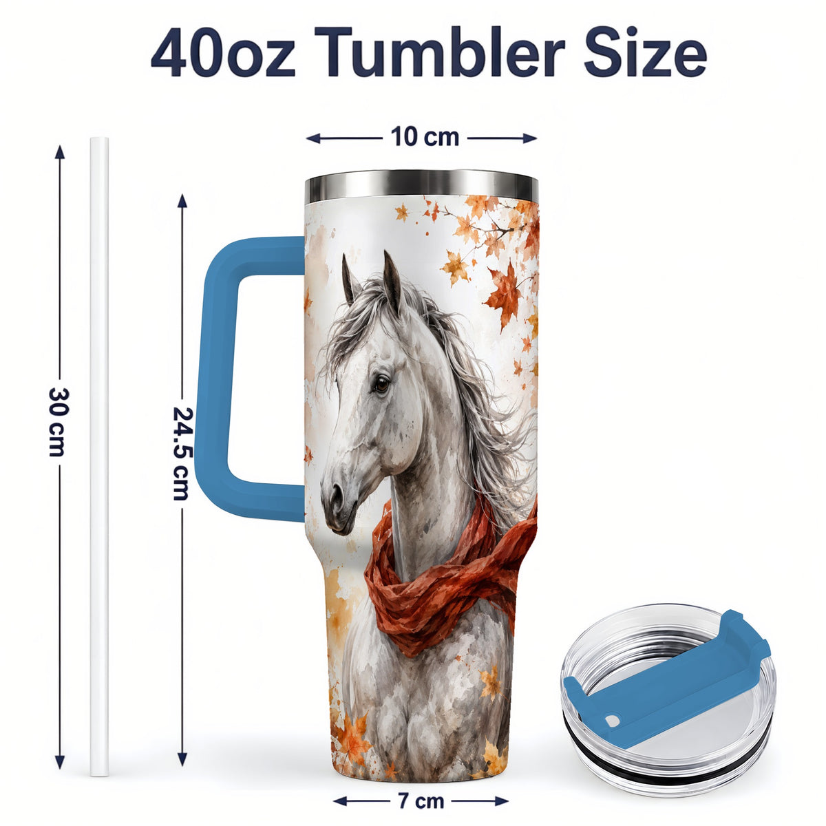 #pl[40oz|Blue] Autumn Horse Handled Tumbler, 40oz Stainless Steel for Horse Lovers