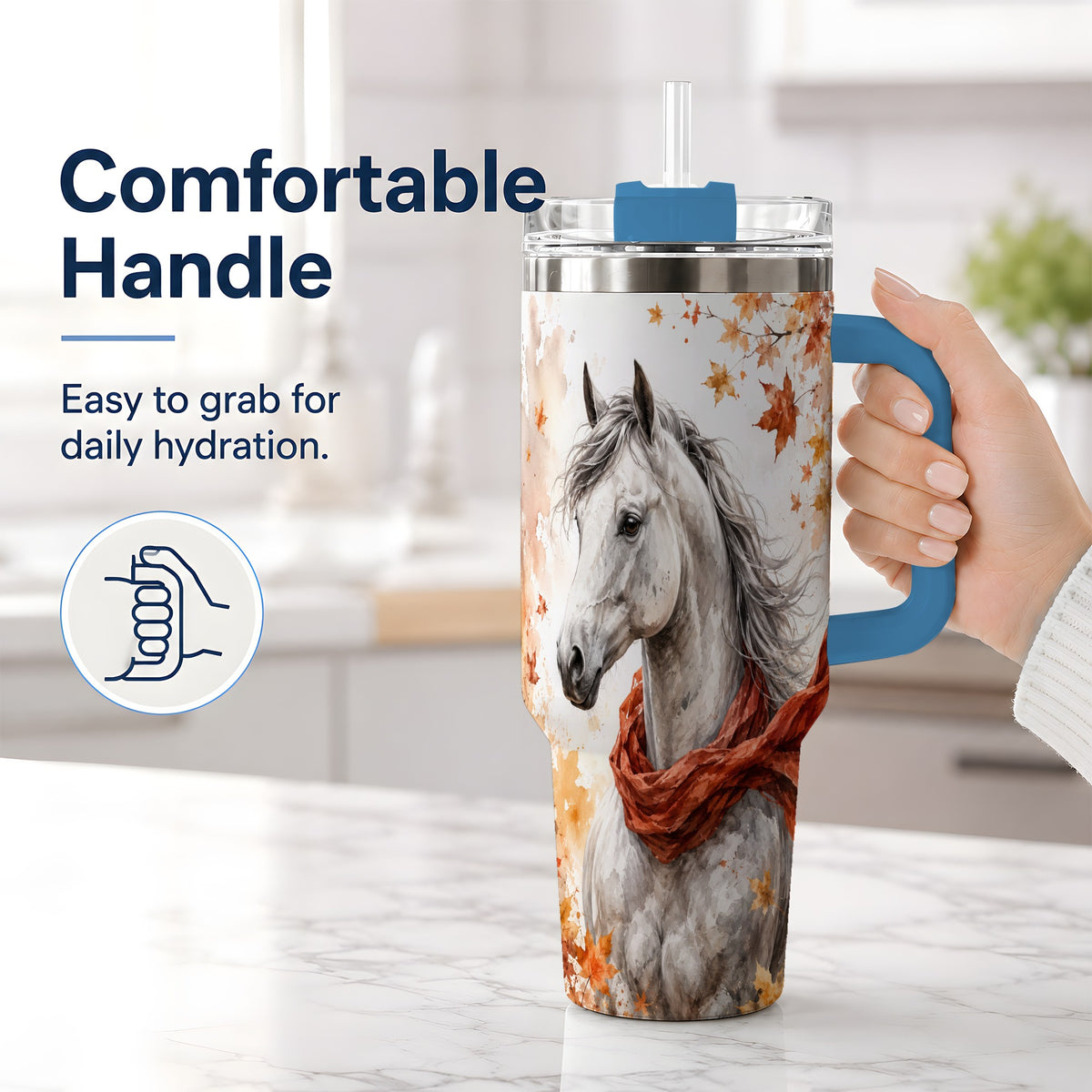 #pl[40oz|Blue] Autumn Horse Handled Tumbler, 40oz Stainless Steel for Horse Lovers