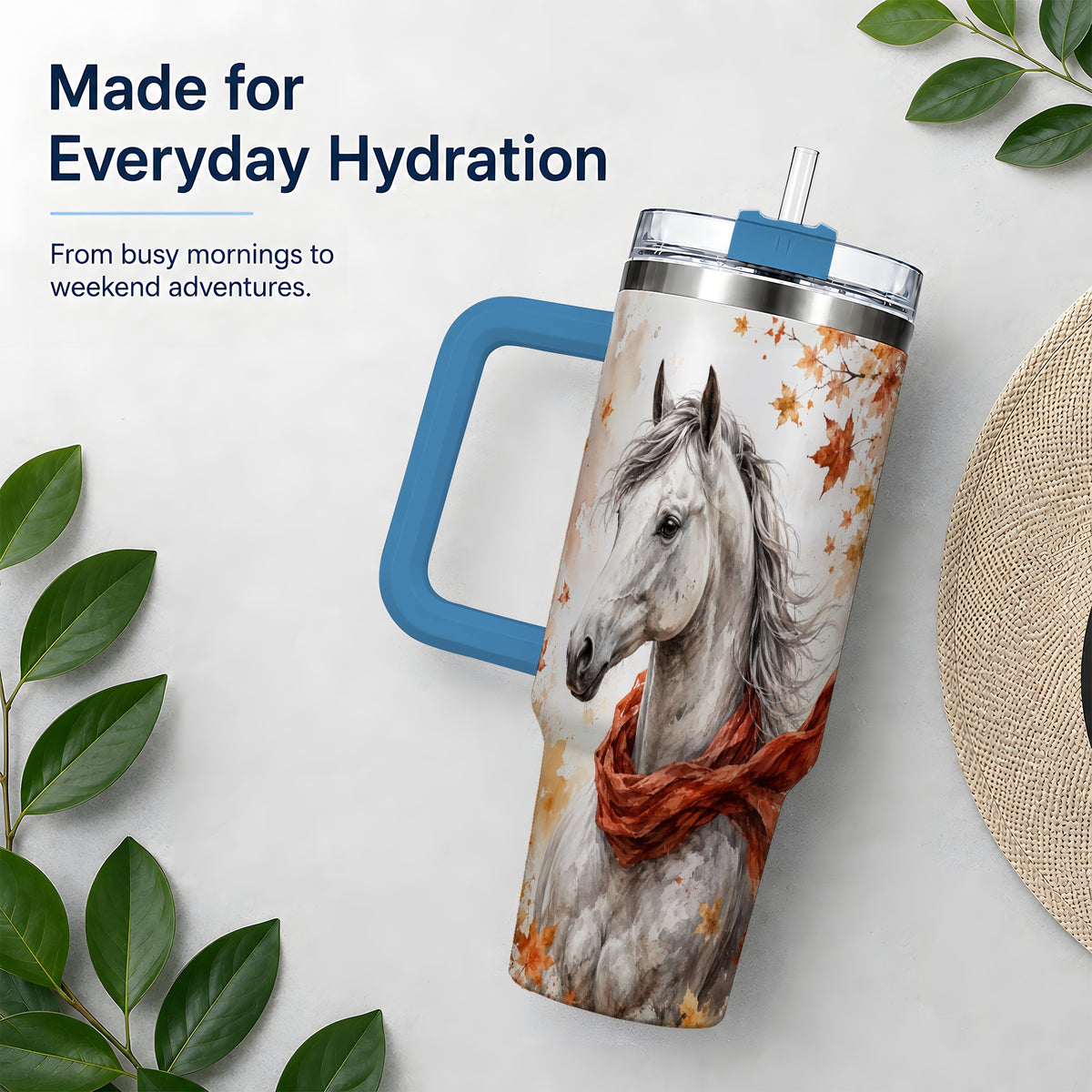 #pl[40oz|Blue] Autumn Horse Handled Tumbler, 40oz Stainless Steel for Horse Lovers