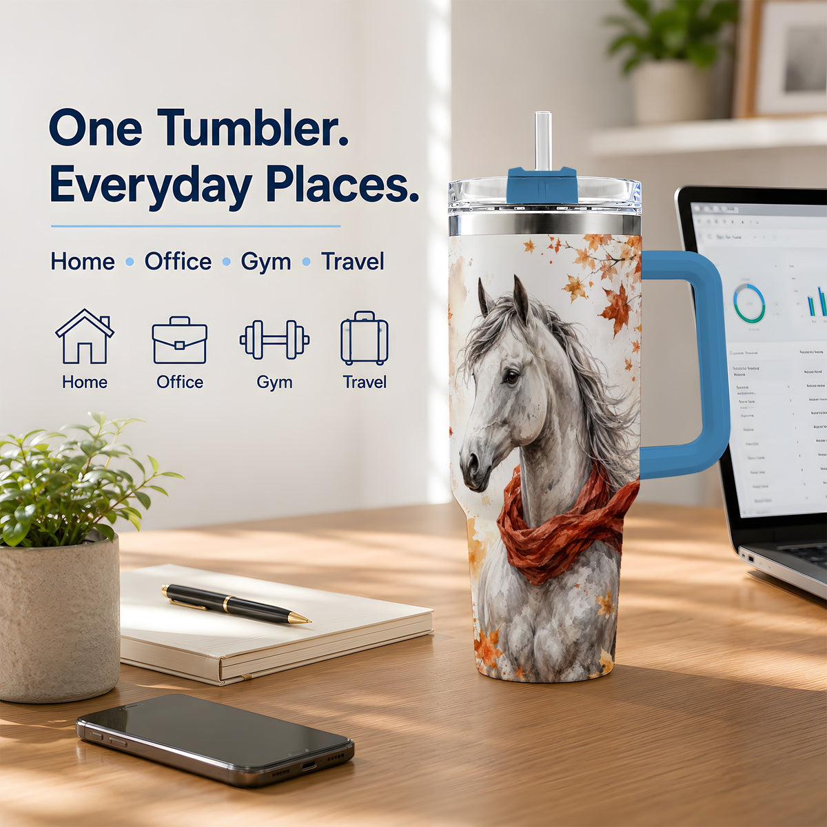 #pl[40oz|Blue] Autumn Horse Handled Tumbler, 40oz Stainless Steel for Horse Lovers