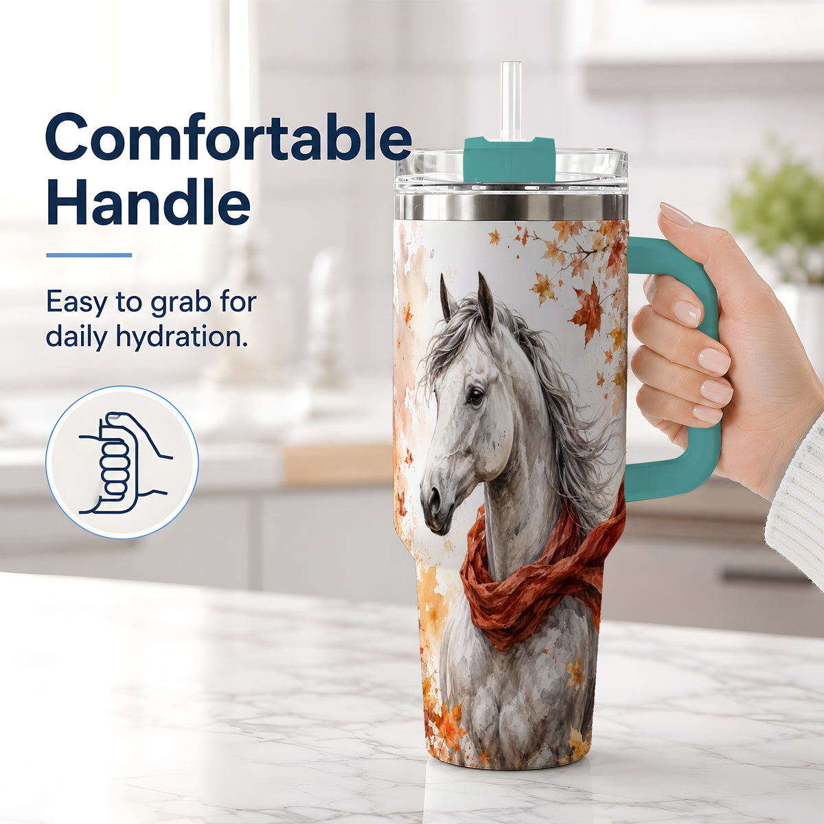 #pl[40oz|Green] Autumn Horse Handled Tumbler, 40oz Stainless Steel for Horse Lovers