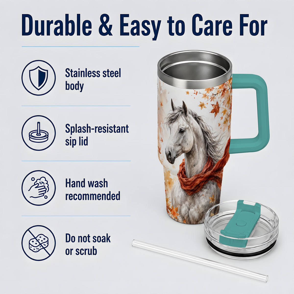 #pl[40oz|Green] Autumn Horse Handled Tumbler, 40oz Stainless Steel for Horse Lovers