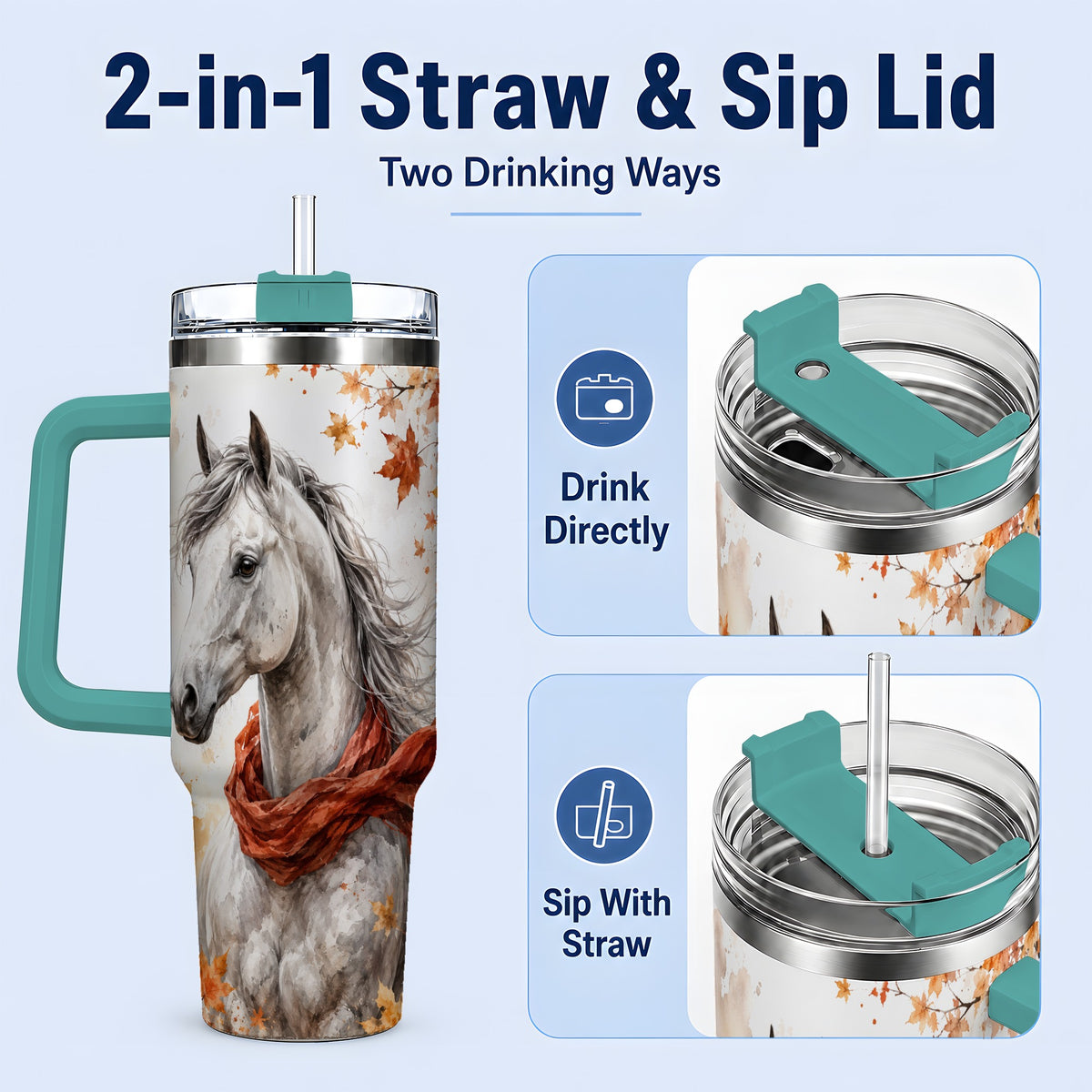#pl[40oz|Green] Autumn Horse Handled Tumbler, 40oz Stainless Steel for Horse Lovers