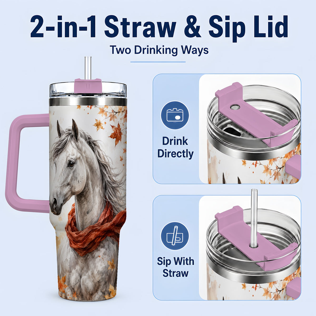 #pl[40oz|Pink] Autumn Horse Handled Tumbler, 40oz Stainless Steel for Horse Lovers