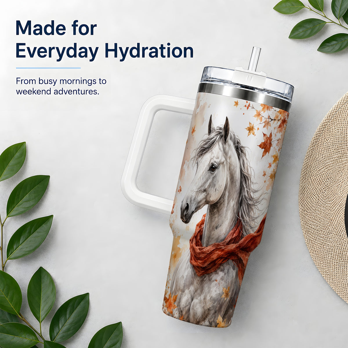 #pl[40oz|White] Autumn Horse Handled Tumbler, 40oz Stainless Steel for Horse Lovers