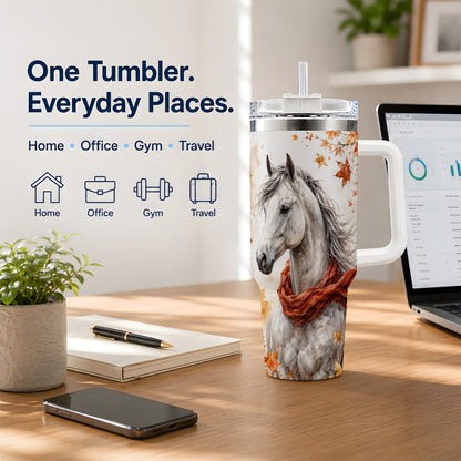 #pl[40oz|White] Autumn Horse Handled Tumbler, 40oz Stainless Steel for Horse Lovers