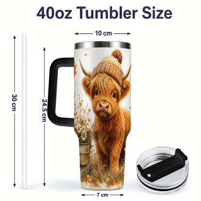 #pl[40oz|Black] Highland Cow Handled Tumbler, 40oz Stainless Steel for Cow Lovers