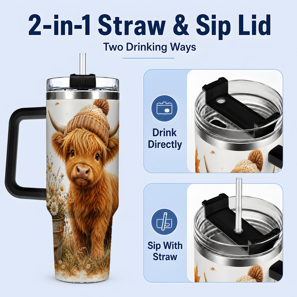 #pl[40oz|Black] Highland Cow Handled Tumbler, 40oz Stainless Steel for Cow Lovers