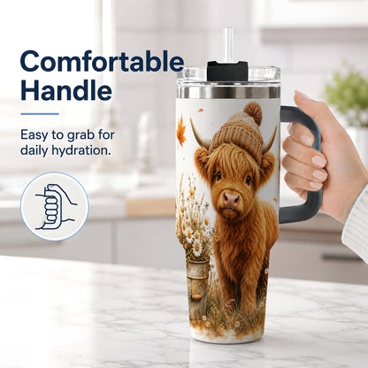 #pl[40oz|Black] Highland Cow Handled Tumbler, 40oz Stainless Steel for Cow Lovers