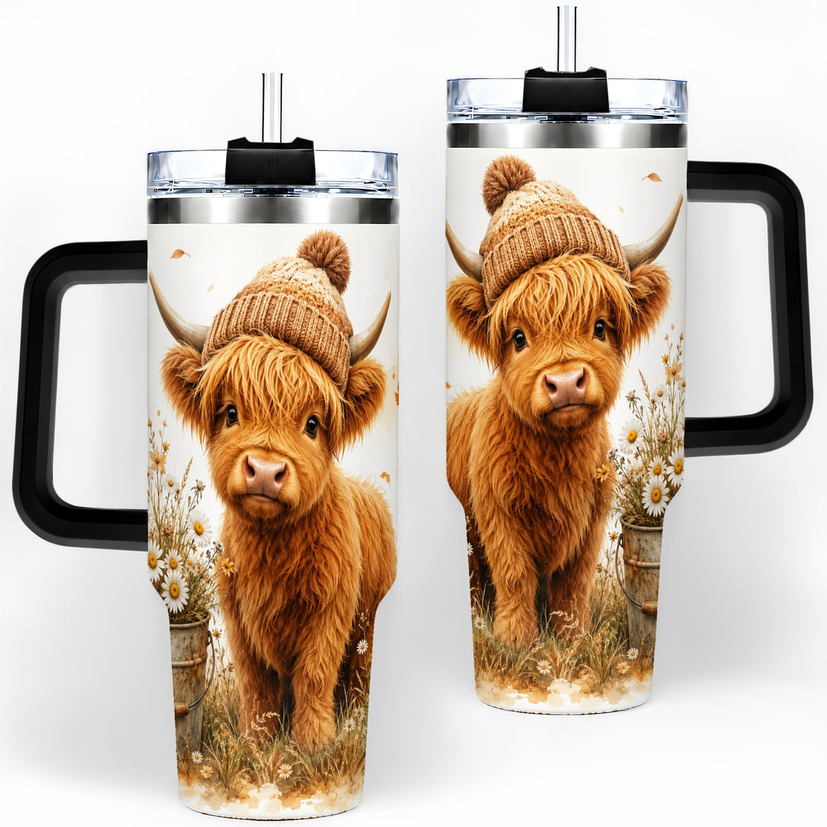 #pl[40oz|Black] Highland Cow Handled Tumbler, 40oz Stainless Steel for Cow Lovers