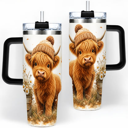 #pl[40oz|Black] Highland Cow Handled Tumbler, 40oz Stainless Steel for Cow Lovers