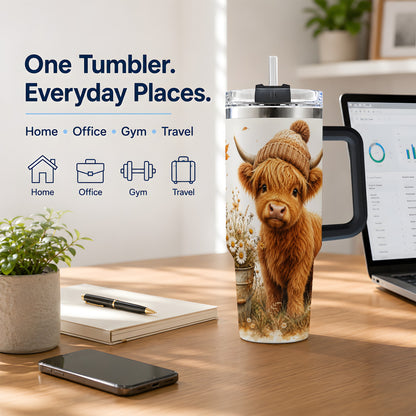 #pl[40oz|Black] Highland Cow Handled Tumbler, 40oz Stainless Steel for Cow Lovers