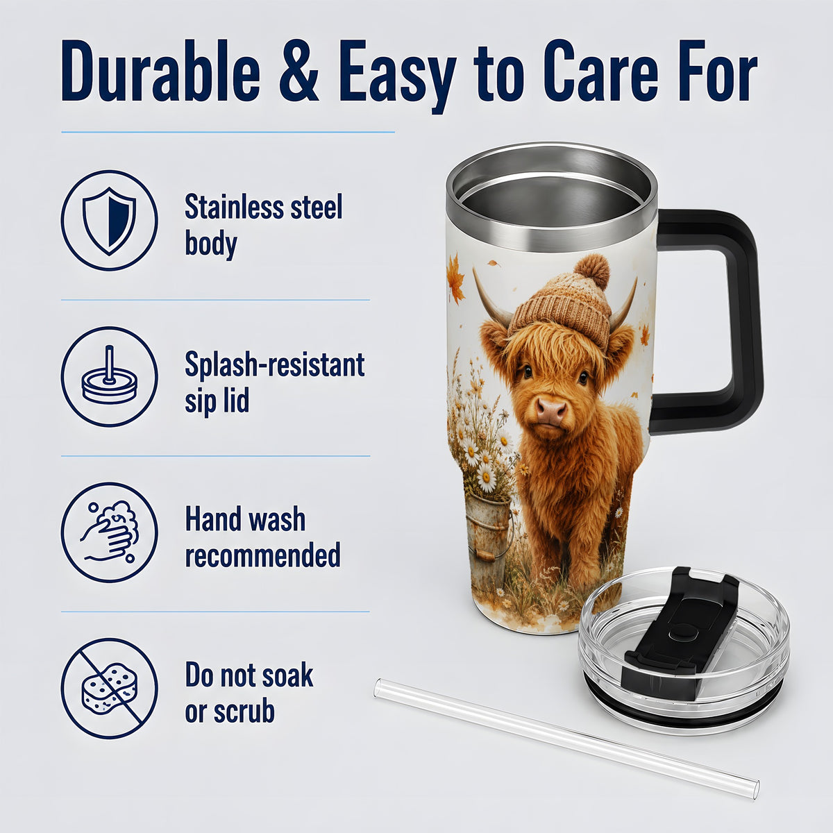#pl[40oz|Black] Highland Cow Handled Tumbler, 40oz Stainless Steel for Cow Lovers