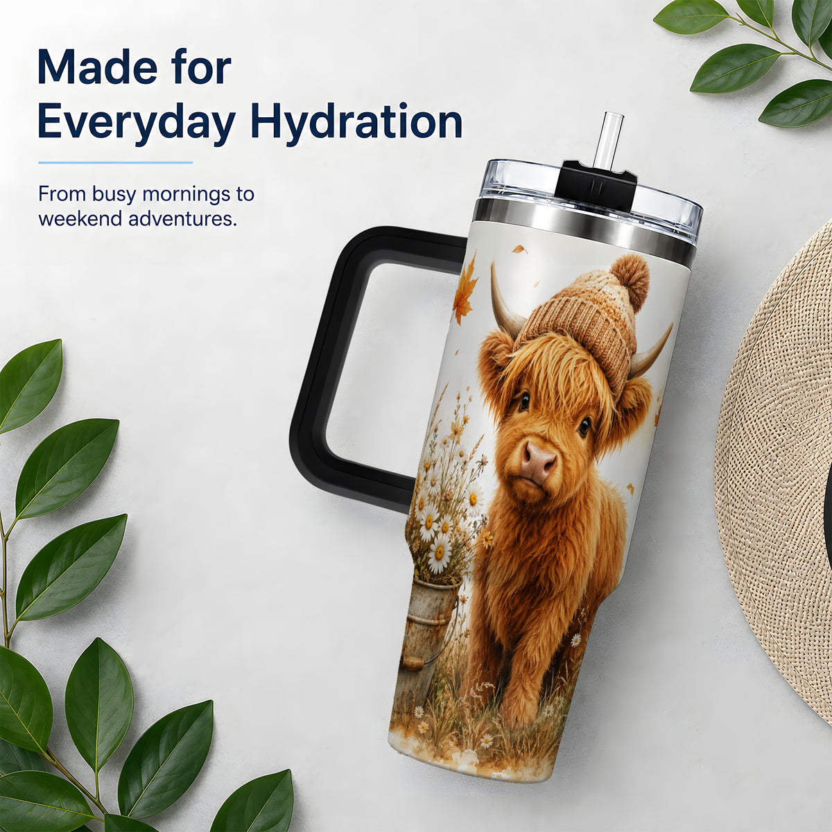 #pl[40oz|Black] Highland Cow Handled Tumbler, 40oz Stainless Steel for Cow Lovers
