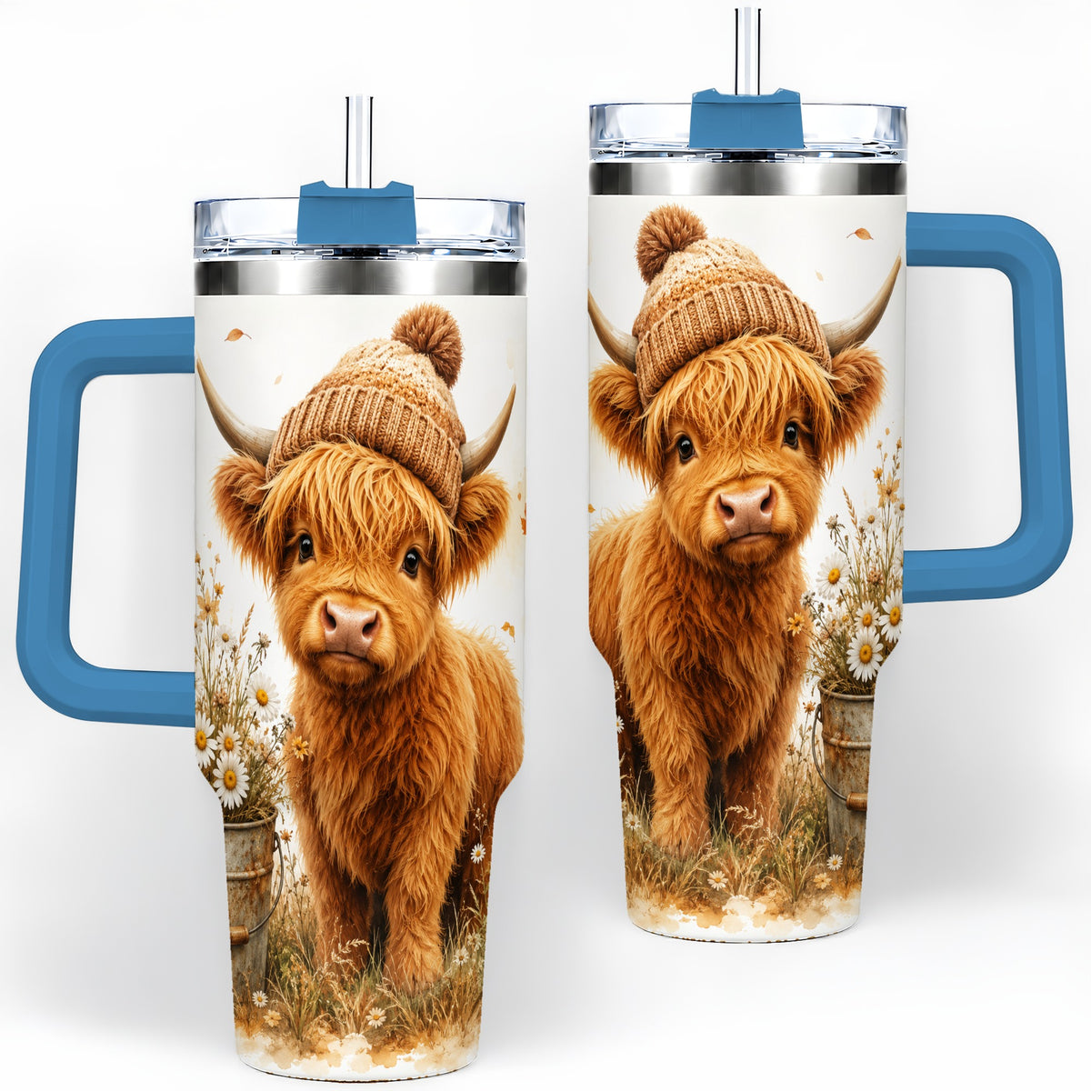 #pl[40oz|Blue] Highland Cow Handled Tumbler, 40oz Stainless Steel for Cow Lovers