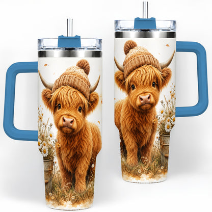 #pl[40oz|Blue] Highland Cow Handled Tumbler, 40oz Stainless Steel for Cow Lovers
