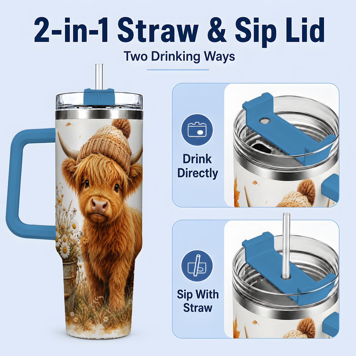 #pl[40oz|Blue] Highland Cow Handled Tumbler, 40oz Stainless Steel for Cow Lovers