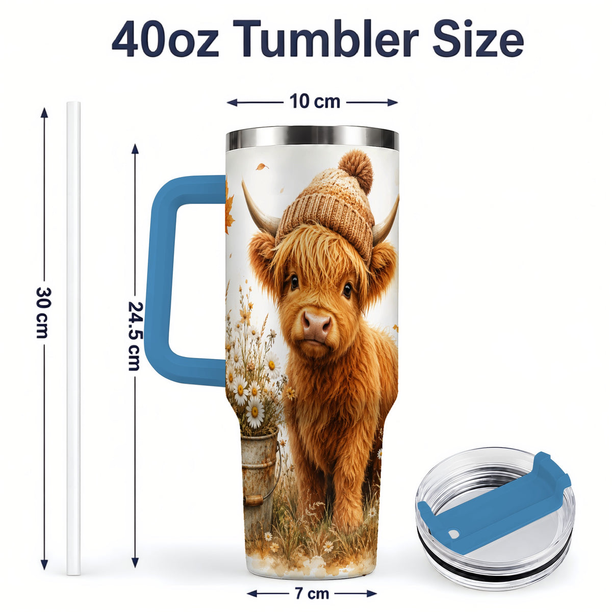 #pl[40oz|Blue] Highland Cow Handled Tumbler, 40oz Stainless Steel for Cow Lovers
