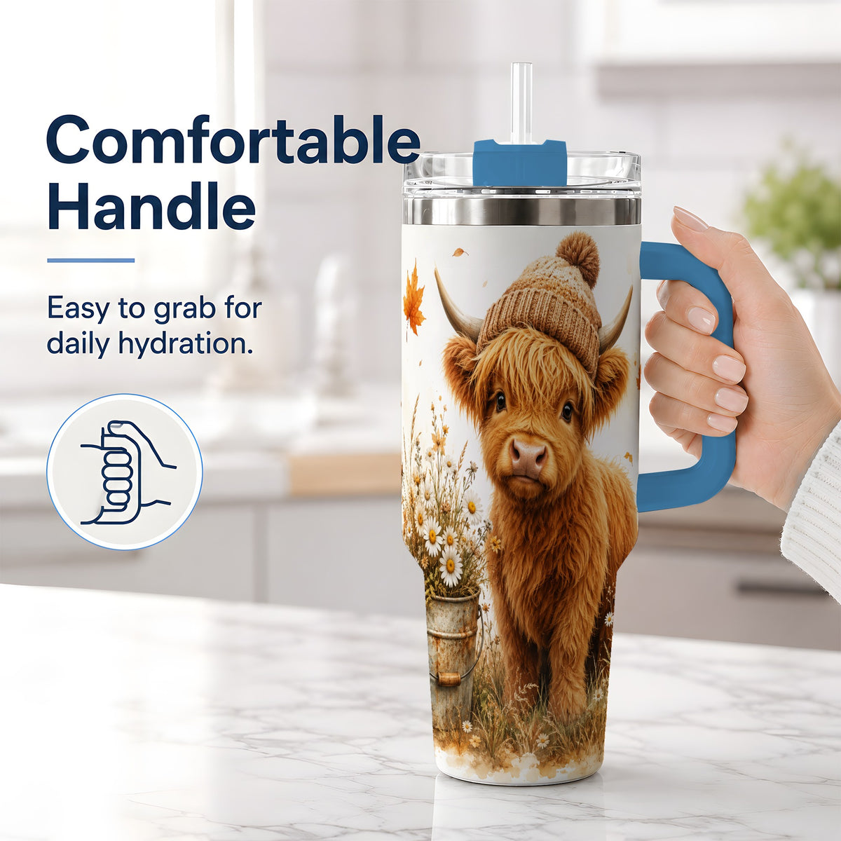 #pl[40oz|Blue] Highland Cow Handled Tumbler, 40oz Stainless Steel for Cow Lovers
